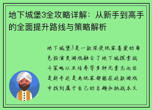 地下城堡3全攻略详解：从新手到高手的全面提升路线与策略解析
